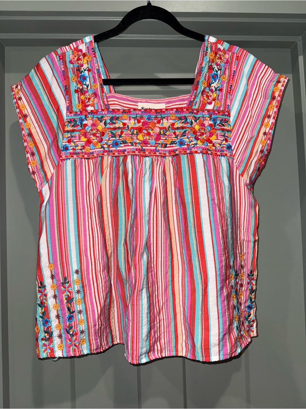 Savanna Jane Embroidered Top Colorful Floral On Stripes- Medium